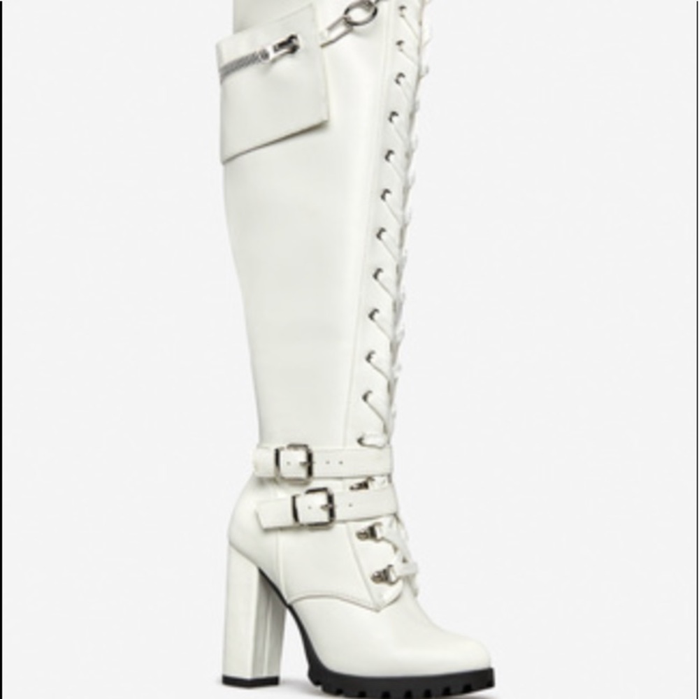 Shoedazzle White Knee High Block Heel Boot